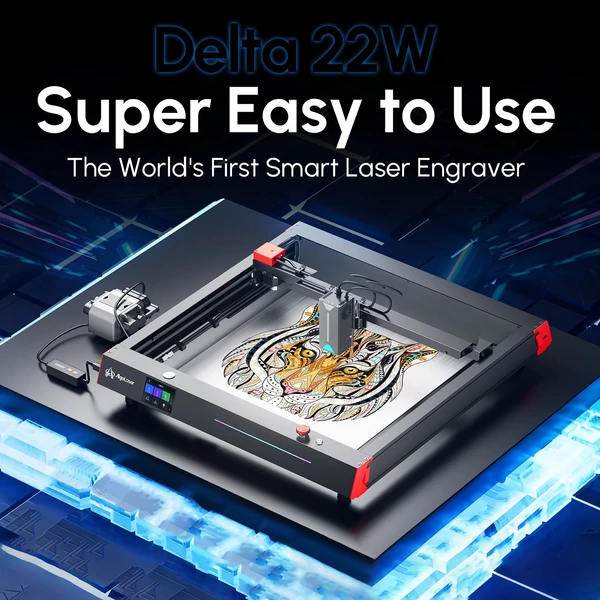 Algolaser Delta 22 W-os lézergravírozó automata levegő segédszivattyúval és 400x400 mm-es méhsejt munkaasztallal és 4 az 1-ben Y tengelyű forgóhengerrel