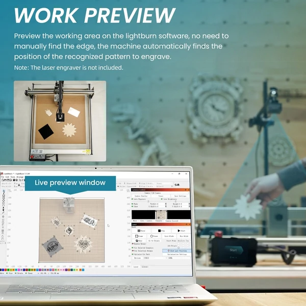 Algolaser Delta 22W lézergravírozó automatikus légsegédszivattyúval és Atomstack AC1 kamerával