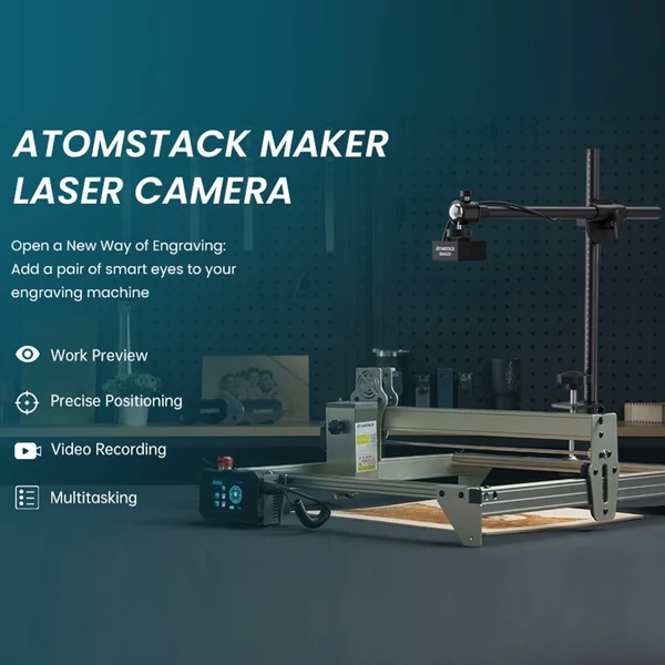 Algolaser Alpha 22W lézergravírozó automatikus levegő segédszivattyúval és Atomstack Maker AC1 kamerával