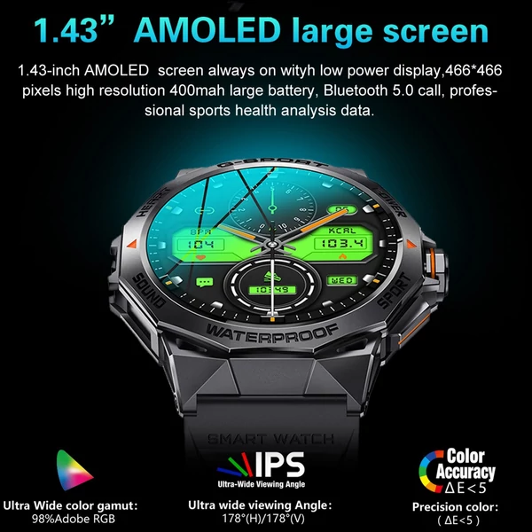 K62 intelligens karkötős sportóra, 1,43 hüvelykes AMOLED képernyős fitneszkövető - Fekete