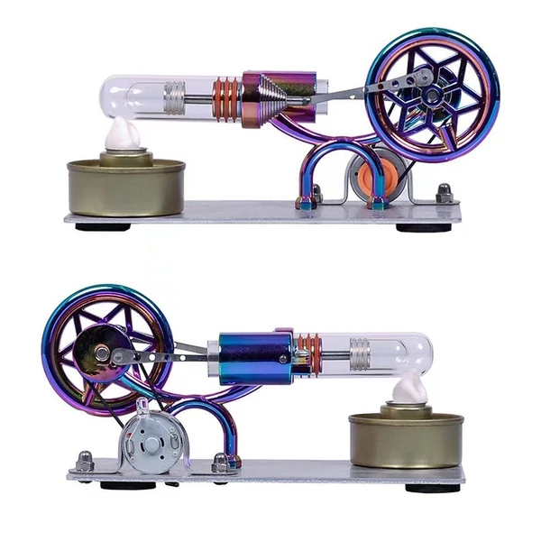 Hot Air Stirling motoros motormodell, elektromos generátor motor LED izzóval, hatágú csillagmintás lendkerékkel - Színes