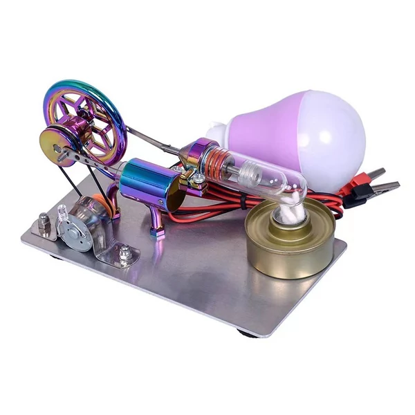 Hot Air Stirling motoros motormodell, elektromos generátor motor LED izzóval, hatágú csillagmintás lendkerékkel - Színes