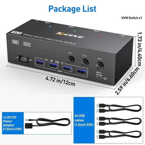 KCEVE KVM303DH kapcsoló, HDMI-kompatibilis KVM 3 in 3 kimenet