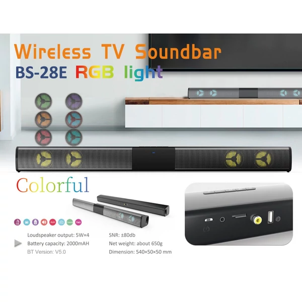 BS-28E Soundbar RGB környezeti fénnyel, audio BT hangszóró házimozi visszhangos fali hangszóró