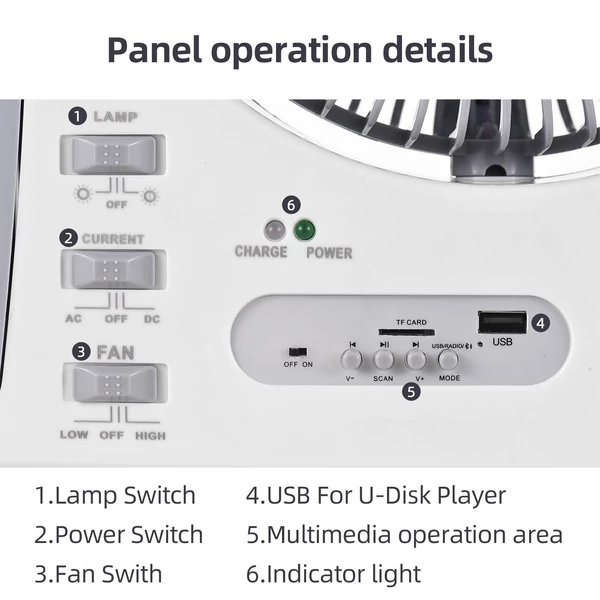 Többfunkciós 6 az 1-ben hordozható ventilátor LED lámpával, napenergiával - Fehér