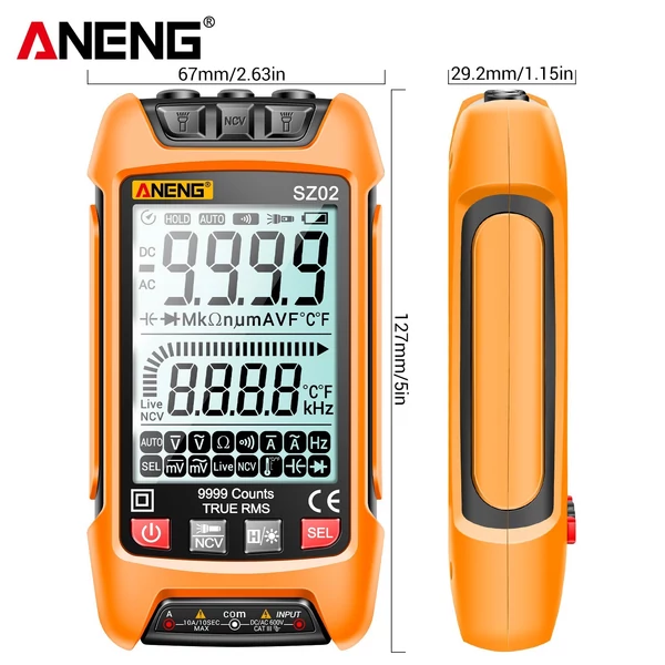 ANENG SZ02 Intelligens digitális multiméter, automatikus hatótávolság 9999 NCV - Narancs