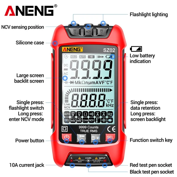 ANENG SZ02 Intelligens digitális multiméter, automatikus hatótávolság 9999 NCV - Piros