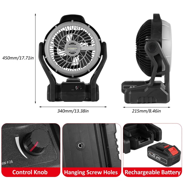 Kemping LED ventilátor könnyű 4000 mAh újratölthető akkumulátorral - 2 db akkumulátorral
