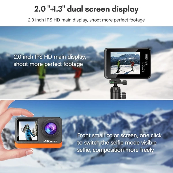 4K akciókamera, HD 24 MP, vízálló, rázkódásgátló 2,0 hüvelykes érintőképernyővel