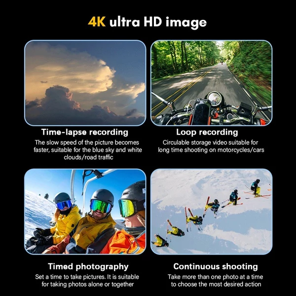 4K akciókamera, HD 24 MP, vízálló, rázkódásgátló 2,0 hüvelykes érintőképernyővel