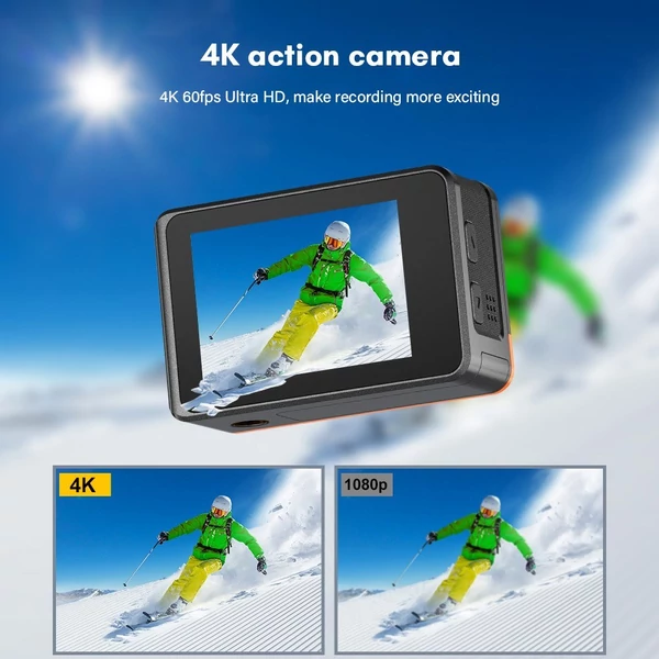 4K akciókamera, HD 24 MP, vízálló, rázkódásgátló 2,0 hüvelykes érintőképernyővel