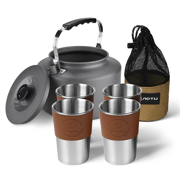 Kemping vízforraló nyílt tűzhöz, 2 literes tábori vízforraló + 4*360 ml-es rozsdamentes acél pohár