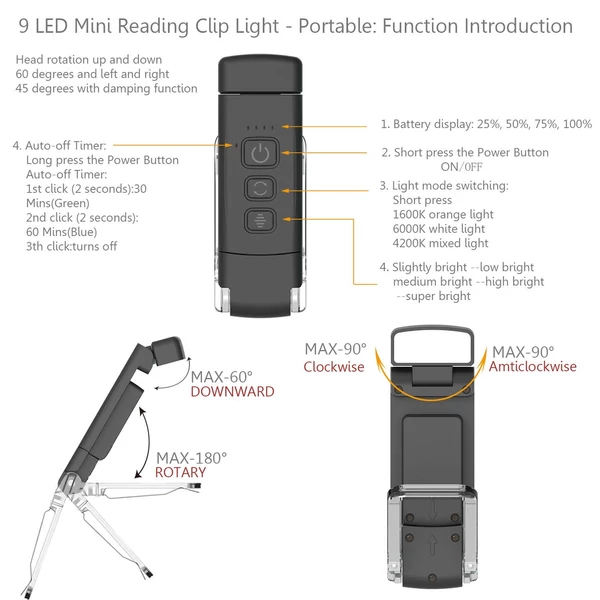 LED-es olvasólámpa USB újratölthető, csíptetős, hordozható könyvjelzőlámpa - Fekete