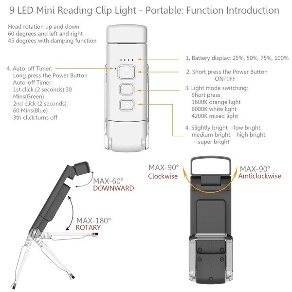 LED-es olvasólámpa USB újratölthető, csíptetős, hordozható könyvjelzőlámpa - Fehér