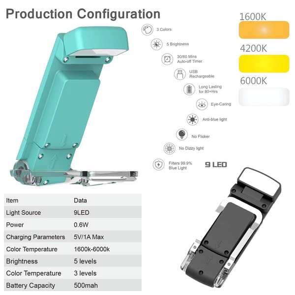 LED-es olvasólámpa USB újratölthető, csíptetős, hordozható könyvjelzőlámpa - Kék