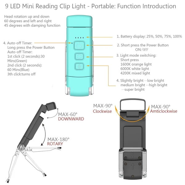 LED-es olvasólámpa USB újratölthető, csíptetős, hordozható könyvjelzőlámpa - Kék