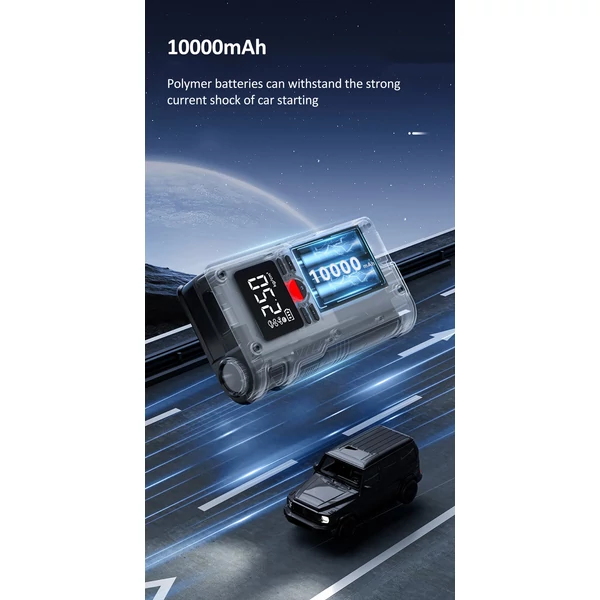 14,8 V-os gumiabroncs-felfújó, autós vészhelyzeti motorindító, 1000 A csúcs, 10 000 mAh légszivattyú