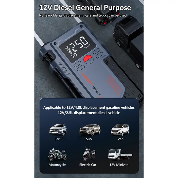 14,8 V-os gumiabroncs-felfújó, autós vészhelyzeti motorindító, 1000 A csúcs, 10 000 mAh légszivattyú
