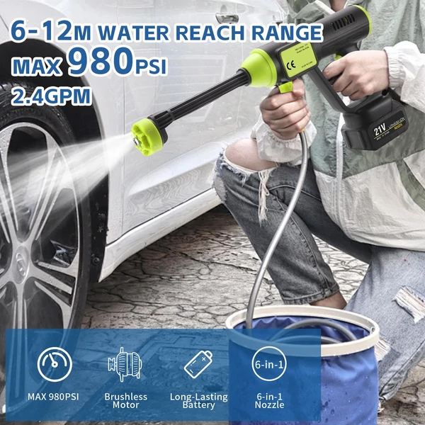 Akkumulátoros 980PSI vezeték nélküli nagynyomású mosógép 21 V-os akkumulátorral