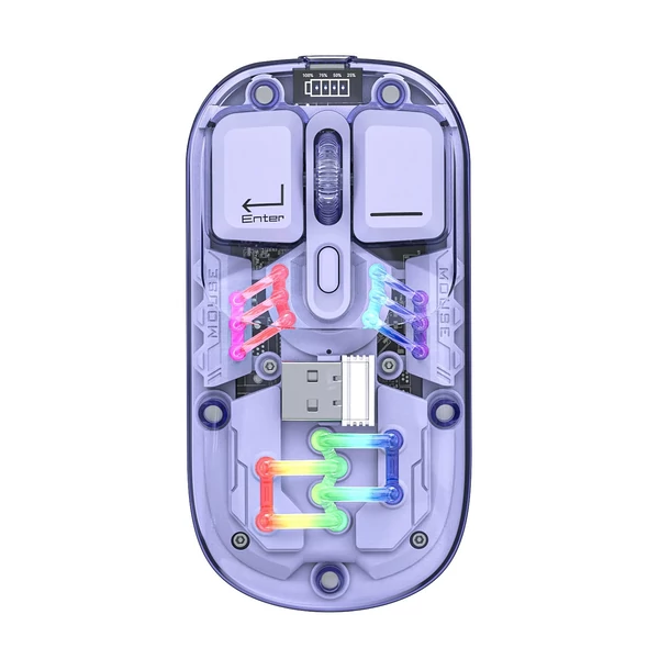 Átlátszó vezeték nélküli kettős módú egerek, BT5.0 2.4G egygombos kapcsoló, C típusú 400mAh - Lila