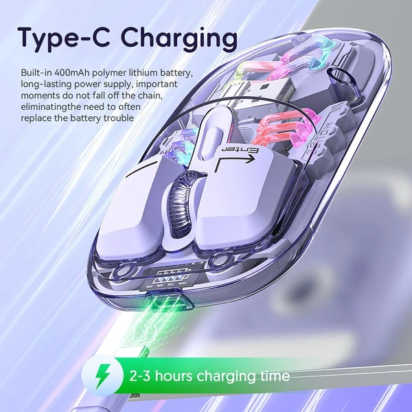 Átlátszó vezeték nélküli kettős módú egerek, BT5.0 2.4G egygombos kapcsoló, C típusú 400mAh - Pink