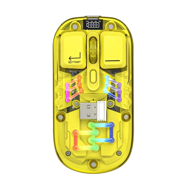 Átlátszó vezeték nélküli kettős módú egerek, BT5.0 2.4G egygombos kapcsoló, C típusú 400mAh - Sárga