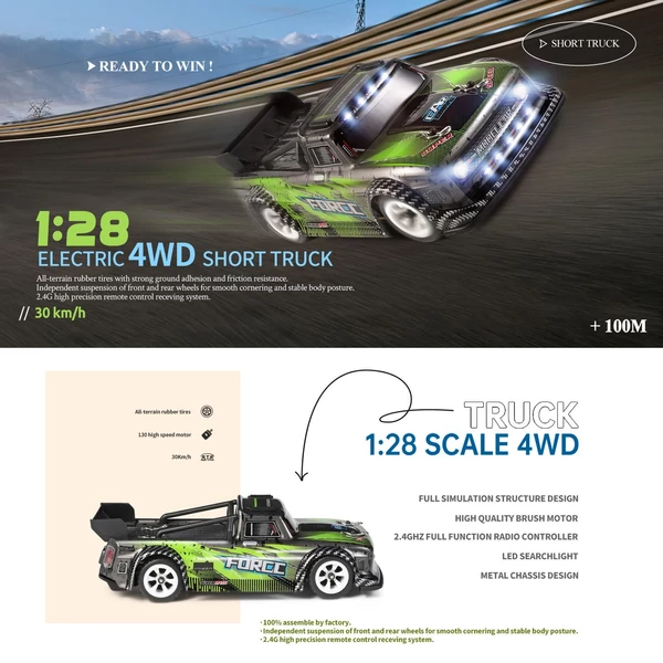 WLtoys 284131 1/28 rövid teherautó, 2,4 GHz-es RC versenyautó - 2 akkumulátor