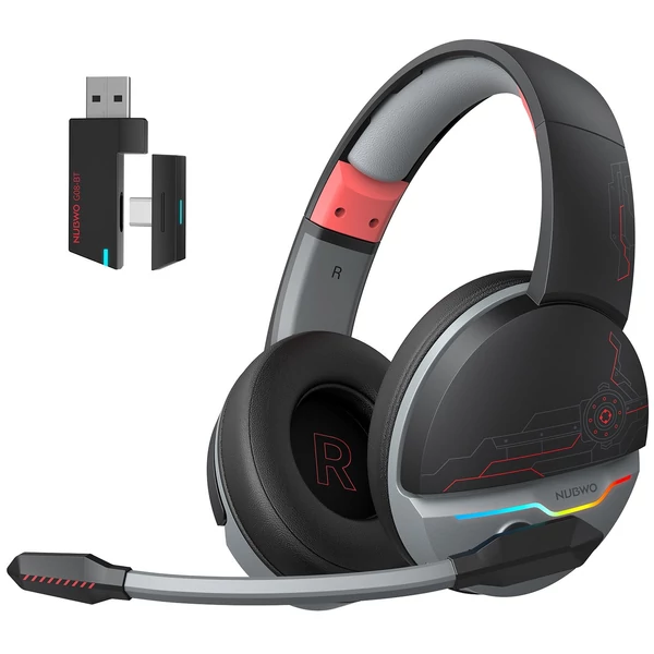 NUBWO G08 vezeték nélküli, fülre helyezhető játékfejhallgató mikrofonnal PS5, PS4, PC, laptophoz - Fekete és piros