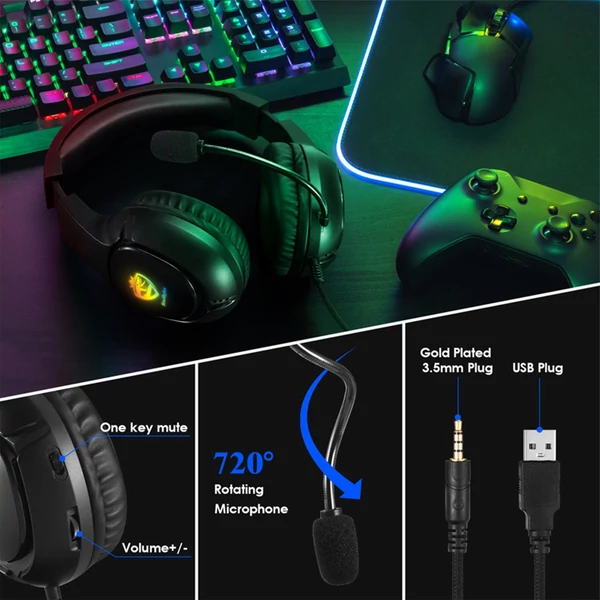 Vezetékes játékfejhallgató, E-sport fülhallgató mikrofon LED lámpával