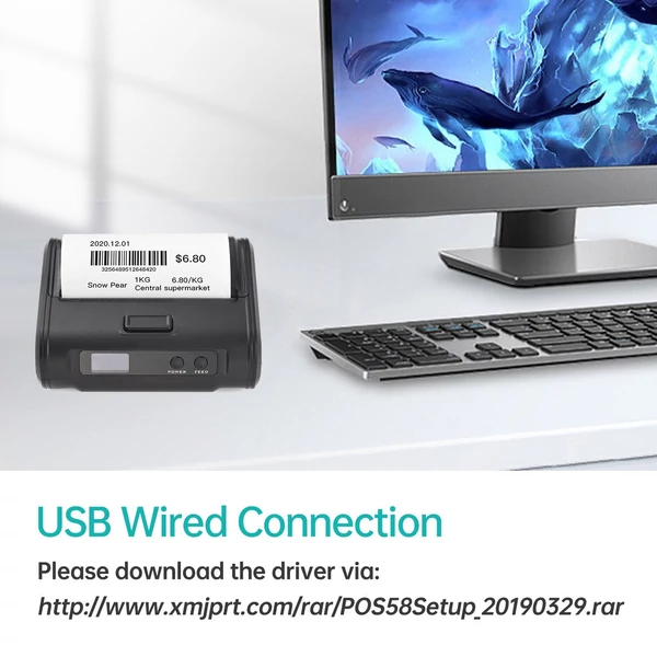 Vezeték nélküli termikus nyugtanyomtató, 4 hüvelykes, 110 mm-es, 203 dpi átlátszó nyomtatás, BT+USB csatlakozás, 1 tekercs hőpapírral