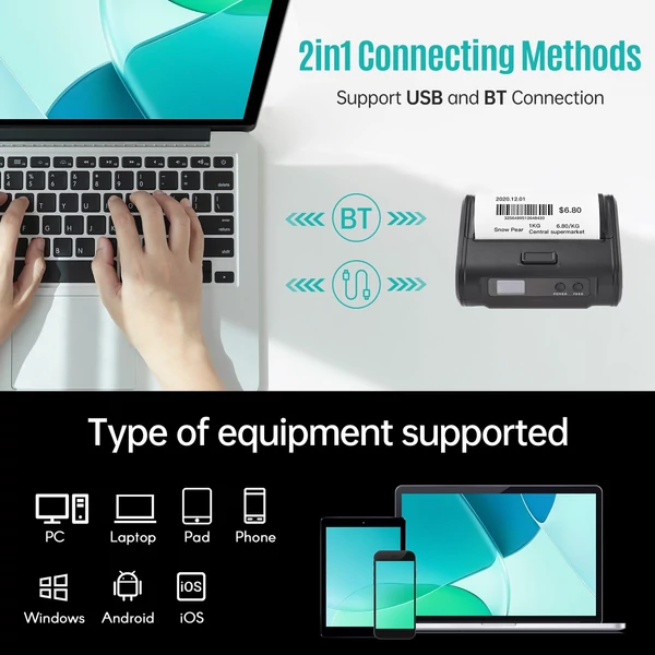 Vezeték nélküli termikus nyugtanyomtató, 4 hüvelykes, 110 mm-es, 203 dpi átlátszó nyomtatás, BT+USB csatlakozás, 1 tekercs hőpapírral