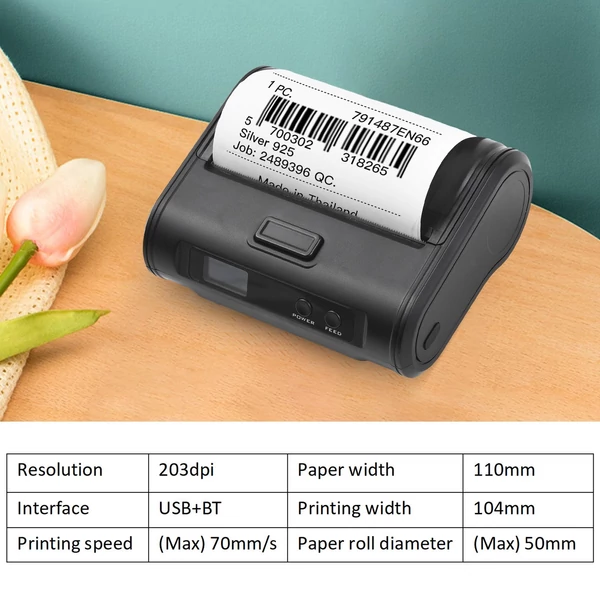 Vezeték nélküli termikus nyugtanyomtató, 4 hüvelykes, 110 mm-es, 203 dpi átlátszó nyomtatás, BT+USB csatlakozás, 1 tekercs hőpapírral