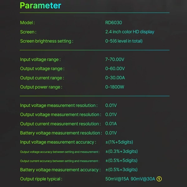 30 A egyenáramú, szabályozott tápegységek, 60 V feszültségstabilizált forrás, 1800 W nagy teljesítmény - RD6030