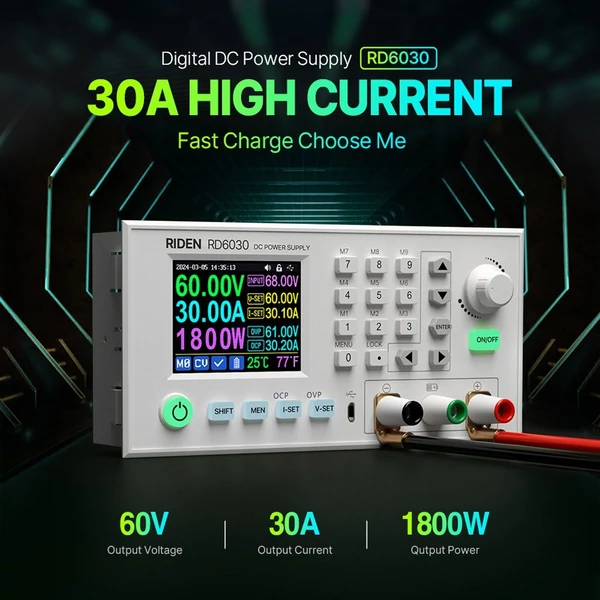 30 A egyenáramú, szabályozott tápegységek, 60 V feszültségstabilizált forrás, 1800 W nagy teljesítmény - RD6030