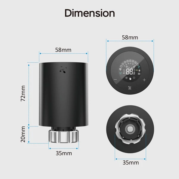 LCD digitális termosztatikus radiátorszelep Tuya Zigbee, APP mini radiátorszelephez - Fekete