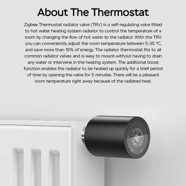 LCD digitális termosztatikus radiátorszelep Tuya Zigbee, APP mini radiátorszelephez - Fekete