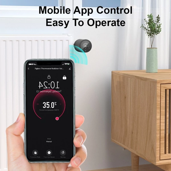 LCD digitális termosztatikus radiátorszelep Tuya Zigbee, APP mini radiátorszelephez - Fekete