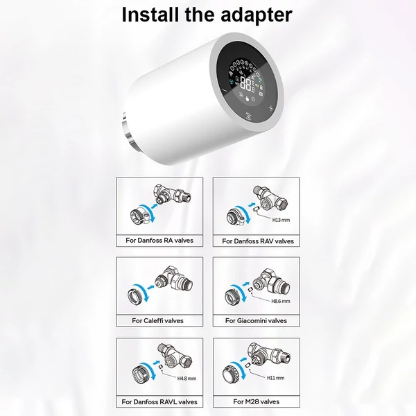 LCD digitális termosztatikus radiátorszelep Tuya Zigbee, APP mini radiátorszelephez - Fehér