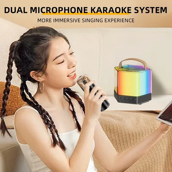 Q7 karaoke gép, mini vezeték nélküli mikrofon és hangszórókészlet - Fekete