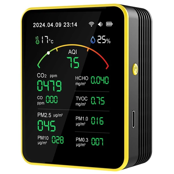 Tuya WiFi15in1 levegőminőség-érzékelő, háztartási hordozható AQI PM0.3 PM1.0 PM2.5 PM10 CO CO2 TVOC HCHO teszter - Fekete
