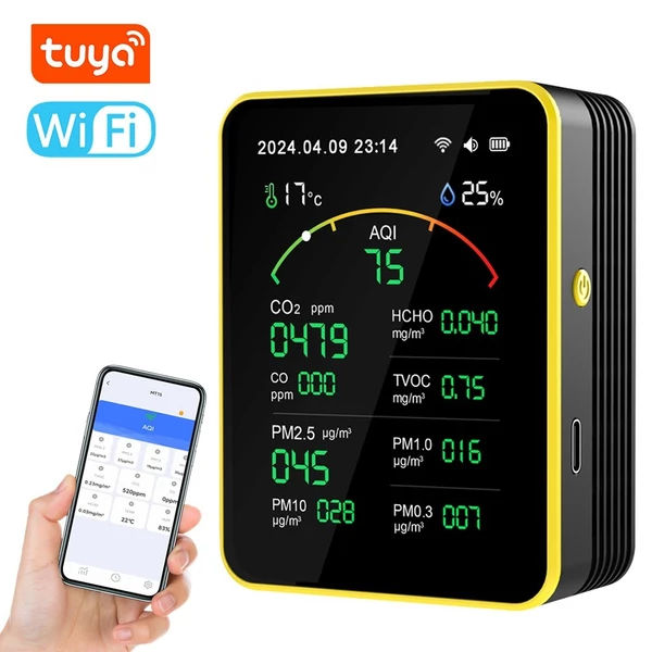 Tuya WiFi15in1 levegőminőség-érzékelő, háztartási hordozható AQI PM0.3 PM1.0 PM2.5 PM10 CO CO2 TVOC HCHO teszter - Fekete