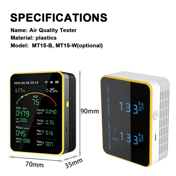 Tuya WiFi15in1 levegőminőség-érzékelő, háztartási hordozható AQI PM0.3 PM1.0 PM2.5 PM10 CO CO2 TVOC HCHO teszter - Fehér