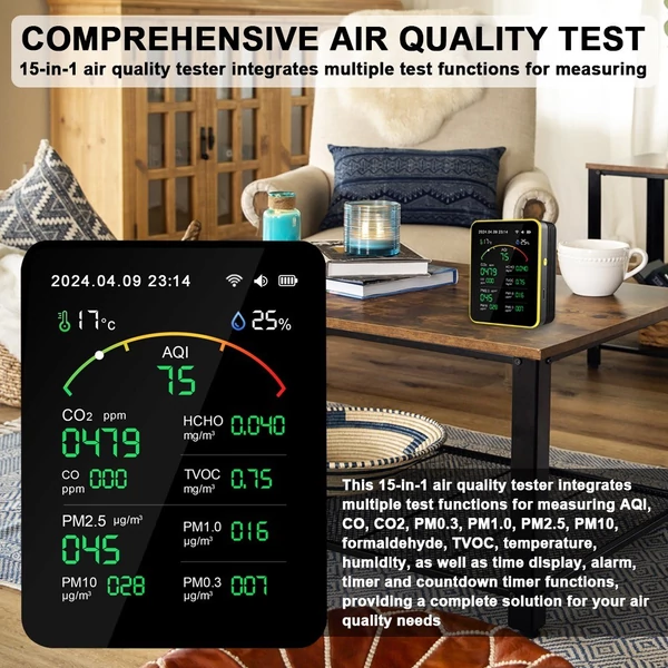 Tuya WiFi15in1 levegőminőség-érzékelő, háztartási hordozható AQI PM0.3 PM1.0 PM2.5 PM10 CO CO2 TVOC HCHO teszter - Fehér