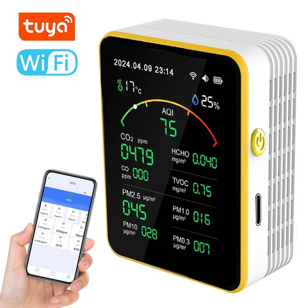 Tuya WiFi15in1 levegőminőség-érzékelő, háztartási hordozható AQI PM0.3 PM1.0 PM2.5 PM10 CO CO2 TVOC HCHO teszter - Fehér