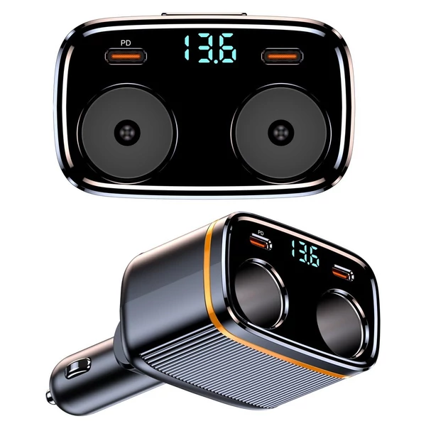 Autós töltő, 145 W-os nagy teljesítményű töltőadapter, 2-aljzatos tápelosztó 12-24 V PD45W+C-típusú+2 USB-porttal