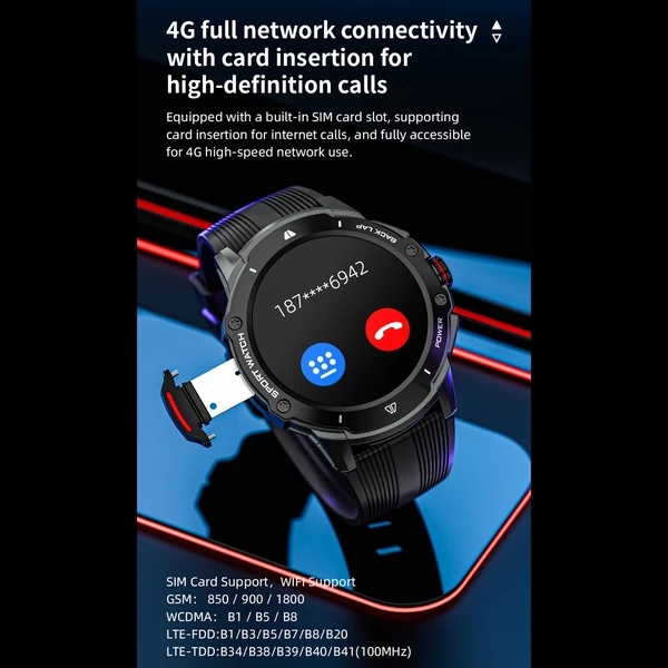 LOKMAT APPLLP: 4G intelligens óra 1,43 hüvelykes AMOLED képernyővel, 2 megapixeles kamerával és GPS-szel, fitneszkövetővel - Fekete