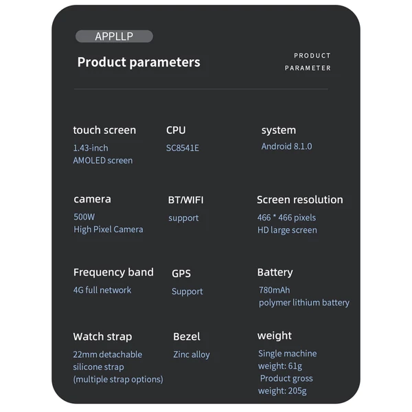 LOKMAT APPLLP: 4G intelligens óra 1,43 hüvelykes AMOLED képernyővel, 2 megapixeles kamerával és GPS-szel, fitneszkövetővel - Kék