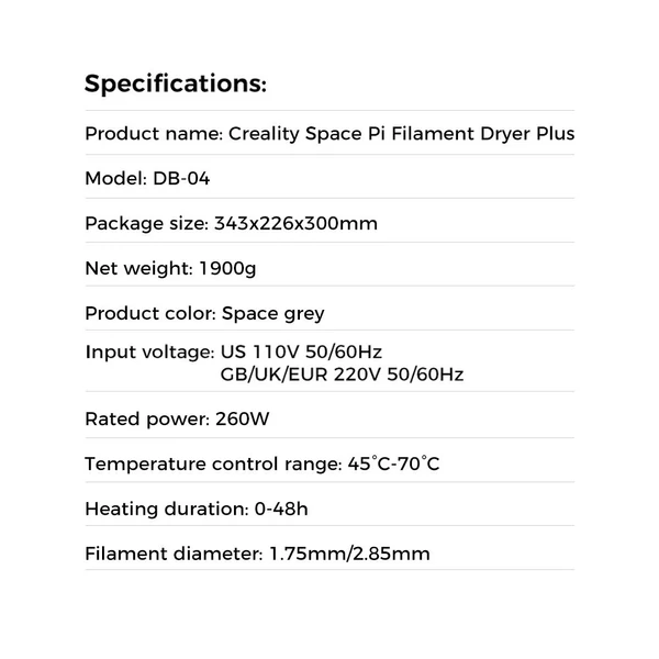 Creality Space Pi Filament Szárító Plusz (2 tekercs). 3D nyomtatóhoz. PTC fűtés, időzítő, LCD. Nylon/ABS/PETG/PLA/TPU 1.75/2.85mm