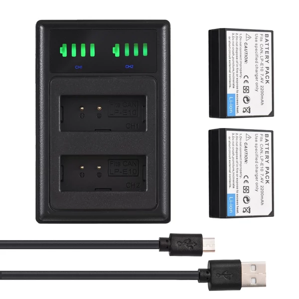 LP-E10 akkumulátortöltő, 2 nyílásos LED kijelzőkkel + 2 db LP-E10 akkumulátor 7,4 V 2200 mAh USB töltőkábellel