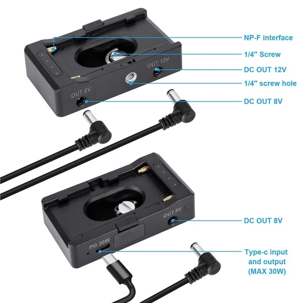 NP-F akkumulátortöltő, akkumulátor-adapter lemez DC12V DC8V USB-C-vel, 30 W-os PD kimeneti hidegpapucs adapter